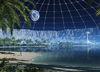 космическое пространство, футуристический, пальмовые деревья, пляжи - оригинальные обои рабочего стола