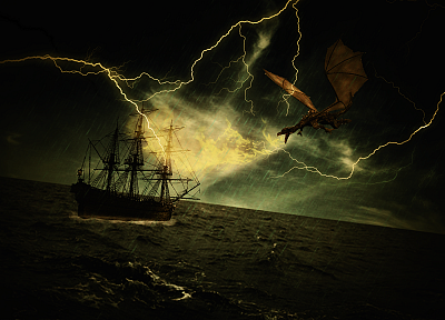 драконы, буря, корабли, произведение искусства - копия обоев рабочего стола
