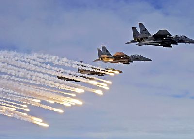 война, самолеты, вспышки, F-15 Eagle - случайные обои для рабочего стола