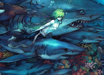 акулы, зеленые волосы, произведение искусства, мальчики, под водой - обои на рабочий стол