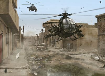солдаты, города, военный, вертолеты, здания, произведение искусства, Black Hawk Down, транспортные средства, Delta Force - оригинальные обои рабочего стола