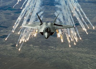 самолет, военный, F-22 Raptor, самолеты, транспортные средства, вспышки - случайные обои для рабочего стола