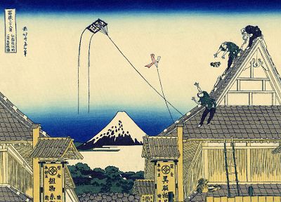 картины, японский, коршун, крыши, традиционное искусство, Кацусика Хокусай, Тридцать шесть видов горы Фудзи - обои на рабочий стол