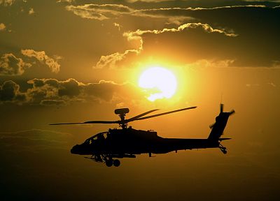 закат, военный, вертолеты, большой лук, транспортные средства, AH-64 Apache - обои на рабочий стол