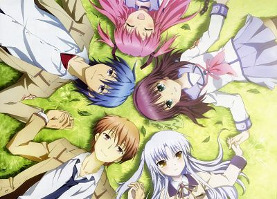 Angel Beats!, трава, тени, Tachibana Kanade, улыбка, Накамура Юрий, Юзуру Отонаси, Юи ( Angel Beats ), Хидеки Хината - обои на рабочий стол