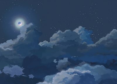 облака, ночь, звезды, Луна, небо - обои на рабочий стол