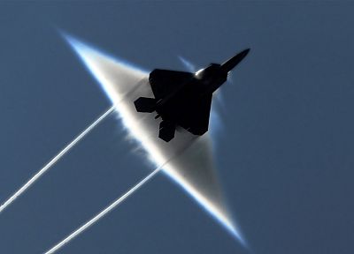 самолет, военный, F-22 Raptor, инверсионных, звуковой барьер - похожие обои для рабочего стола