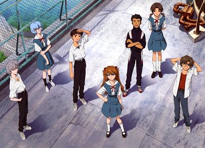 школьная форма, Ayanami Rei, Neon Genesis Evangelion (Евангелион), Икари Синдзи, Каору Нагиса, Аска Лэнгли Сорю - оригинальные обои рабочего стола