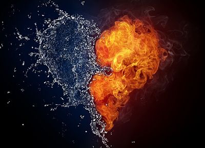 вода, огонь, огонь, сердца, темный фон - обои на рабочий стол