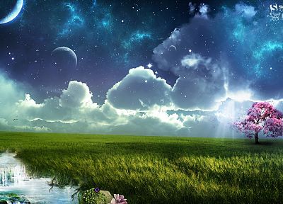 фантазия, облака, деревья, Луна, трава, небо - похожие обои для рабочего стола