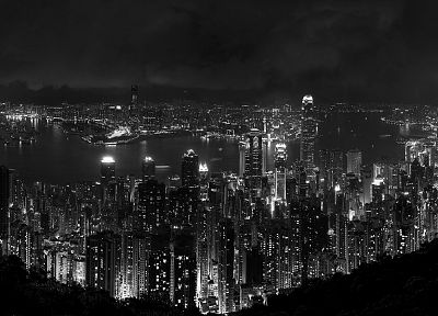 города, ночь, здания, Гонконг, оттенки серого - случайные обои для рабочего стола