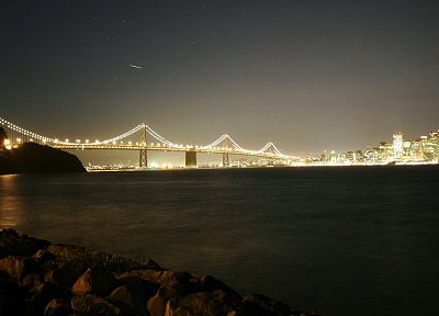 вода, ночь, огни, мосты, Сан - Франциско, Bay Bridge, Yerba Buena Island - оригинальные обои рабочего стола