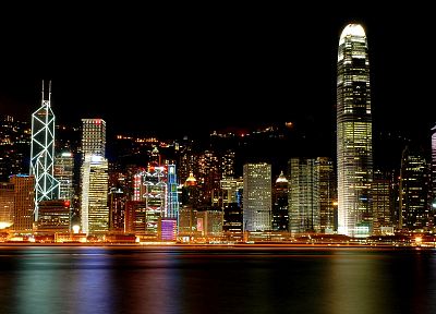 вода, города, ночь, Гонконг, небоскребы, городские огни, отражения, гаваней, гавань Виктория - случайные обои для рабочего стола
