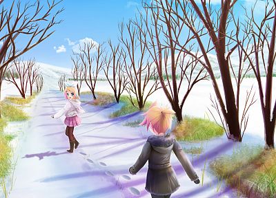 зима, снег, Вокалоид, близнецы, Kagamine Rin, Kagamine Len - похожие обои для рабочего стола