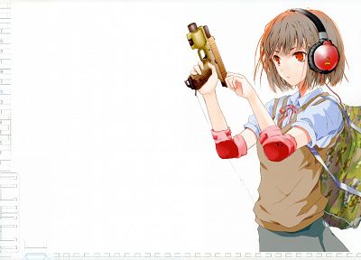 наушники, пистолеты, школьная форма, Fuyuno Харуаки, простой фон - случайные обои для рабочего стола