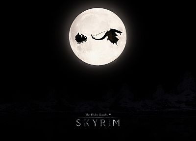 черный цвет, драконы, Луна, Санта-Клаус, Санта-, The Elder Scrolls V : Skyrim - случайные обои для рабочего стола
