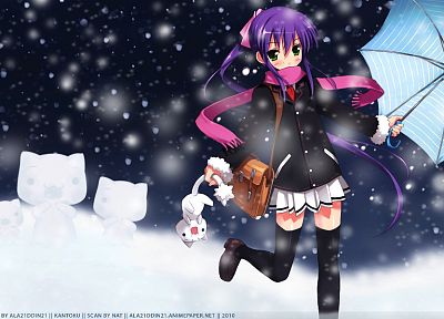 снег, кошки, фиолетовые волосы, аниме, зонтики, шарфы, Little Busters ! - похожие обои для рабочего стола