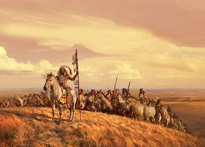 картины, пейзажи, долины, лошади, индейцы, произведение искусства, копья, небо, лидер, племена - оригинальные обои рабочего стола