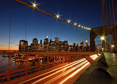 закат, города, горизонты, архитектура, мосты, здания, Бруклинский мост, трафика, Нью-Йорк, Манхэттен, небоскребы, городские огни, длительной экспозиции, город небоскребов, реки, висячий мост, Ист-Ривер - оригинальные обои рабочего стола