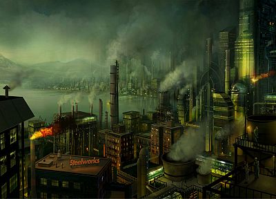 города, дым, здания, концепт-арт, промышленные предприятия, дымоходы, заводы, работники, Филипп Штрауб - похожие обои для рабочего стола