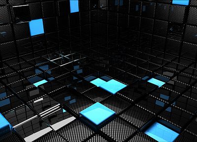 3D вид (3д), абстракции, синий, черный цвет, темнота, кубики, отражения - оригинальные обои рабочего стола
