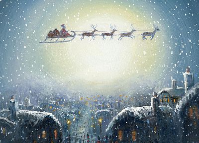 зима, рождество, Санта-Клаус, оленей, деревни - обои на рабочий стол