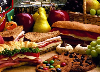 бутерброды, еда, печенье, хлеб, виноград, груши, яблоки - обои на рабочий стол
