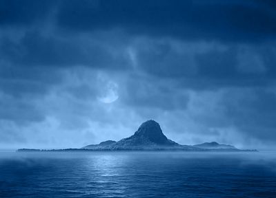 синий, облака, ночь, Луна, острова - копия обоев рабочего стола