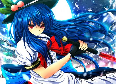 видеоигры, Тохо, длинные волосы, синие волосы, красные глаза, Hinanawi Tenshi, шляпы, аниме девушки, Nekominase - оригинальные обои рабочего стола