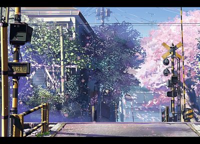 Япония, улицы, сакура, Макото Синкай, 5 сантиметров в секунду, аниме, железнодорожный переезд - оригинальные обои рабочего стола