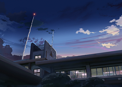 ночь, здания, Макото Синкай, 5 сантиметров в секунду, аниме, инверсионных, низкий угол выстрел - случайные обои для рабочего стола