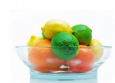 цитрусовые, фрукты, лаймы, апельсины, миски, лимоны, белый фон - обои на рабочий стол
