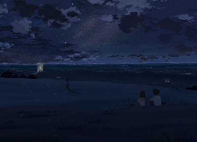 ночь, звезды, Макото Синкай, пара, 5 сантиметров в секунду, аниме, ветряные мельницы, Nightsky - обои на рабочий стол
