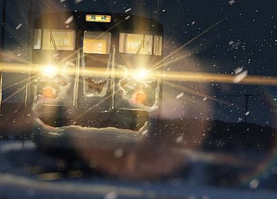 снег, поезда, Макото Синкай, светофоры, 5 сантиметров в секунду - копия обоев рабочего стола