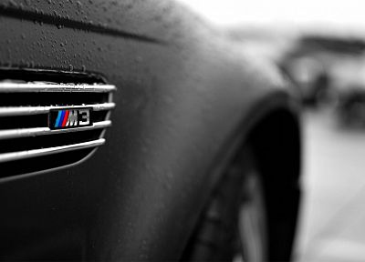 крупный план, БМВ, черный цвет, автомобили, влажный, транспортные средства, выборочная раскраска, логотипы, BMW M3, матовая - похожие обои для рабочего стола