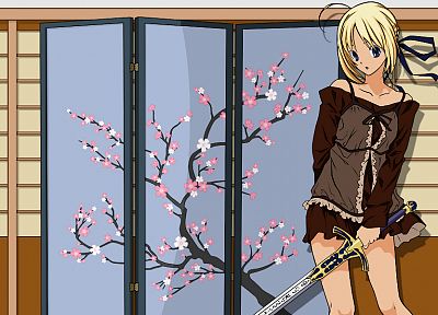 блондинки, вишни в цвету, Fate/Stay Night (Судьба), аниме, Сабля, аниме девушки, мечи, Fate series (Судьба) - оригинальные обои рабочего стола