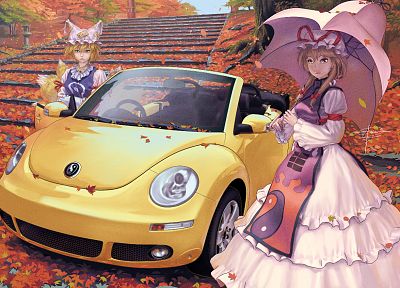 Тохо, осень, платье, автомобили, листья, Yakumo Юкари, зонтики, Yakumo Ran, аниме девушки, Geister - похожие обои для рабочего стола