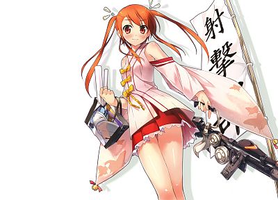 пистолеты, платье, оружие, хвостики, оранжевые волосы, японская одежда, простой фон, аниме девушки, Kantoku ( художник ), белый фон, оригинальные персонажи - оригинальные обои рабочего стола