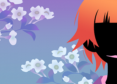 Sayonara Zetsubou Сенсей, вишни в цвету, цветы, короткие волосы, нет лицо, темная кожа, оранжевые волосы, аниме девушки, лица, синий фон, челка, Tsunetsuki Matoi, помада - оригинальные обои рабочего стола