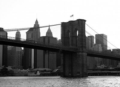 мосты, Бруклинский мост, флаги, Нью-Йорк, Манхэттен, оттенки серого, монохромный, Американский флаг - случайные обои для рабочего стола