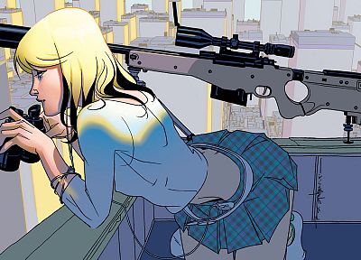 блондинки, снайперские винтовки, крыши, мини-юбки, аниме, бинокль, склонность, L- 96 - случайные обои для рабочего стола