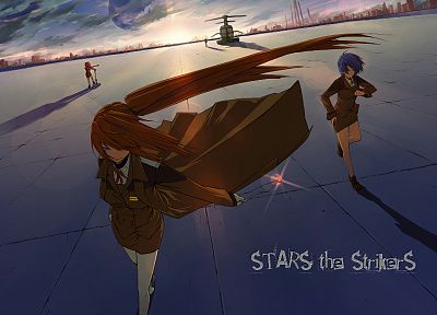 Mahou Shoujo Лирический Nanoha, униформа, вертолеты, звезды, Subaru, фиолетовые волосы, транспортные средства, аниме девушки - случайные обои для рабочего стола