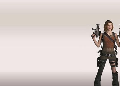 брюнетки, девушки, Resident Evil, девушки с оружием, Милла Йовович, простой фон - случайные обои для рабочего стола