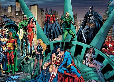 Бэтмен, DC Comics, комиксы, супермен, Нью-Йорк, Статуя Свободы, Вспышка, Вспышка ( супергерой ), Wonder Woman - случайные обои для рабочего стола