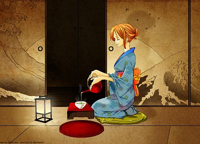 платье, в помещении, чай, One Piece ( аниме ), носки, кимоно, фонари, короткие волосы, подушки, сидящий, азиатской архитектуры, закрытые глаза, оранжевые глаза, синее платье, японская одежда, аниме девушки, волосы булочка, чайник, Японский архитектура, На - оригинальные обои рабочего стола