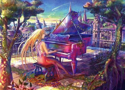 пианино, многоцветный, аниме, Fuji Чоко - оригинальные обои рабочего стола