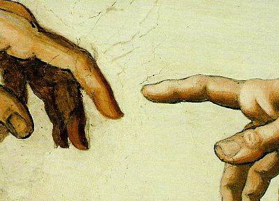картины, руки, Микеланджело, Сотворение Адама - оригинальные обои рабочего стола