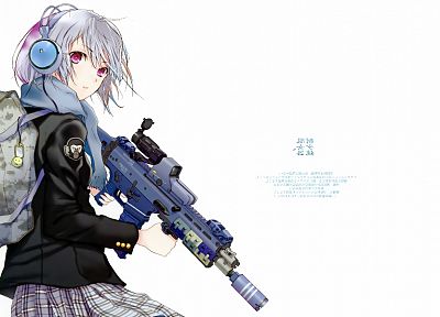 наушники, девушки с оружием, Fuyuno Харуаки, аниме, простой фон, белый фон - похожие обои для рабочего стола