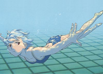 Ayanami Rei, Neon Genesis Evangelion (Евангелион), красные глаза, плавание, купальники, аниме девушки, под водой - оригинальные обои рабочего стола