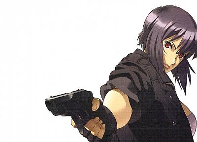 пистолеты, Мотоко Кусанаги, фиолетовые волосы, Призрак в доспехах, простой фон, аниме девушки - обои на рабочий стол